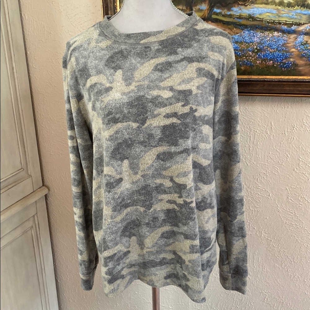 Loveappella Gray and Cream Camo Crewneck Sweater